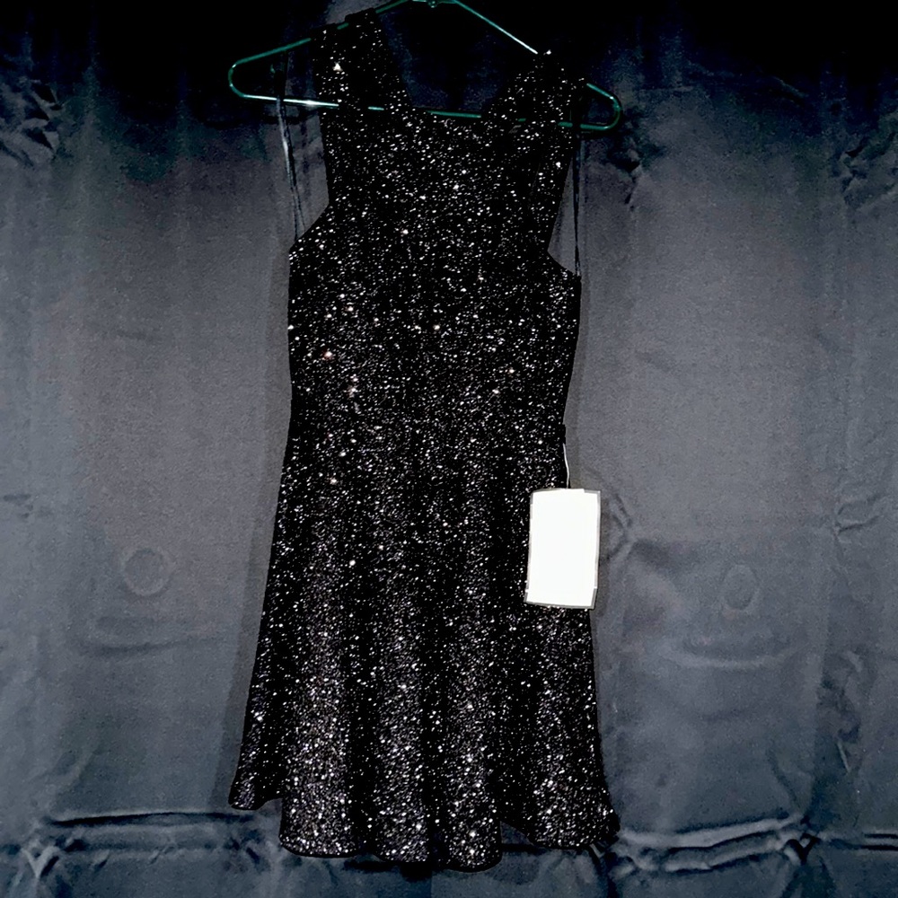 Glitter dress! Gorgeous fit and flare double strap high neck zip dress